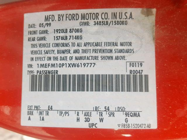 1MEFM10P1XW619777 - 1999 MERCURY TRACER GS RED photo 10