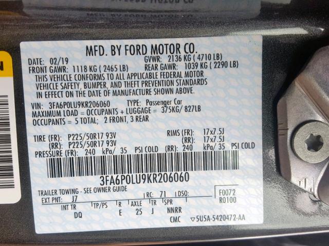 3FA6P0LU9KR206060 - 2019 FORD FUSION SE CHARCOAL photo 10