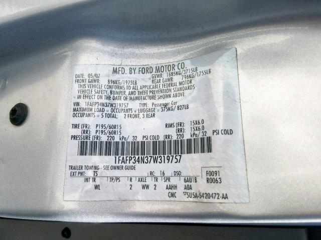 1FAFP34N37W319757 - 2007 FORD FOCUS ZX4 GRAY photo 10