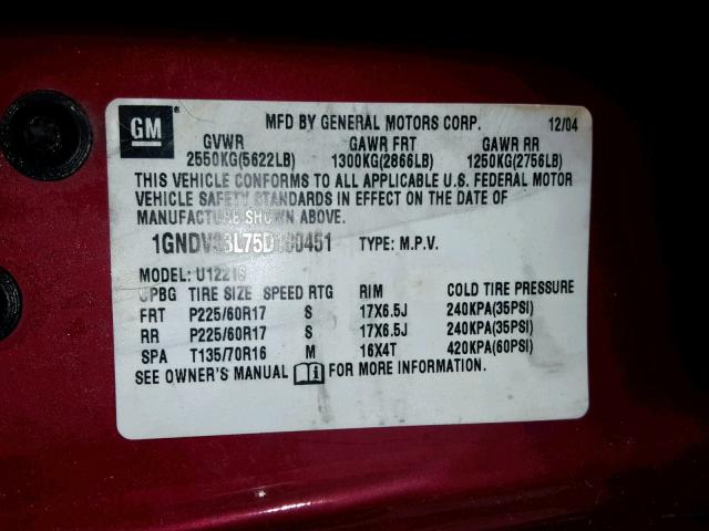 1GNDV33L75D180451 - 2005 CHEVROLET UPLANDER L MAROON photo 10