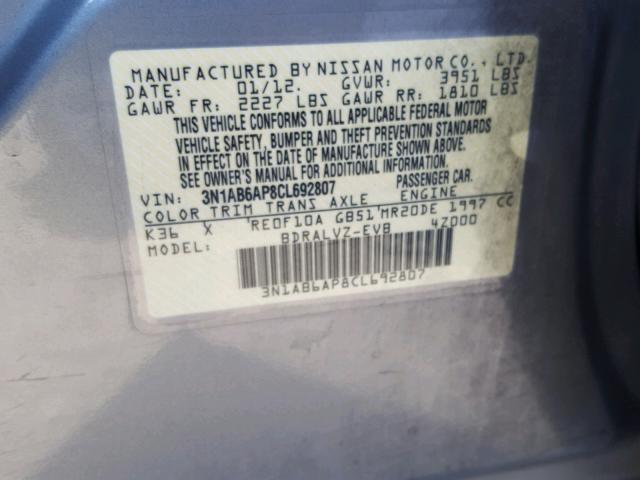 3N1AB6AP8CL692807 - 2012 NISSAN SENTRA 2.0 GRAY photo 10