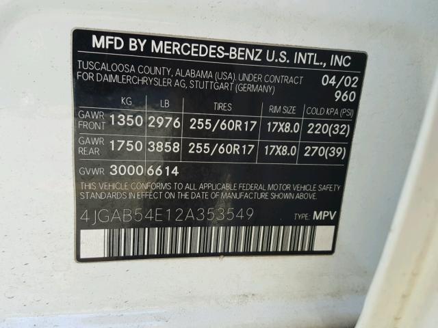 4JGAB54E12A353549 - 2002 MERCEDES-BENZ ML 320 WHITE photo 10