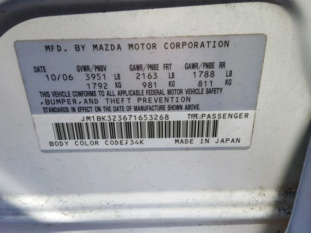 JM1BK323671653268 - 2007 MAZDA 3 S WHITE photo 10