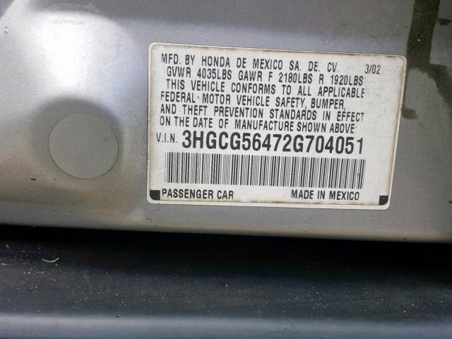 3HGCG56472G704051 - 2002 HONDA ACCORD LX SILVER photo 10