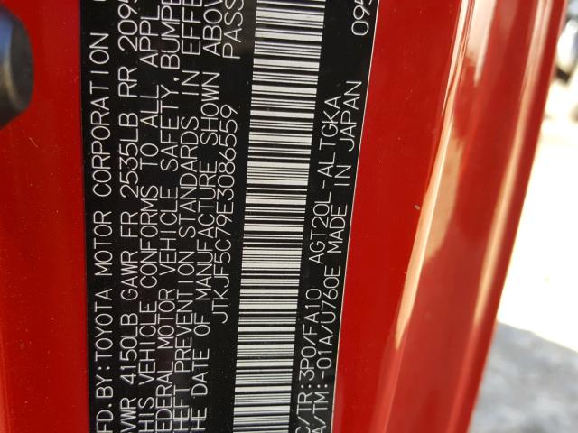 JTKJF5C79E3086559 - 2014 TOYOTA SCION TC 红色 照片 10