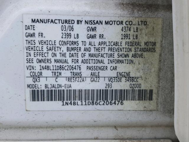 1N4BL11D86C206476 - 2006 NISSAN ALTIMA SE WHITE photo 10