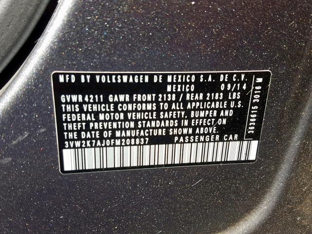 3VW2K7AJ0FM208837 - 2015 VOLKSWAGEN JETTA BASE 灰色 照片 10