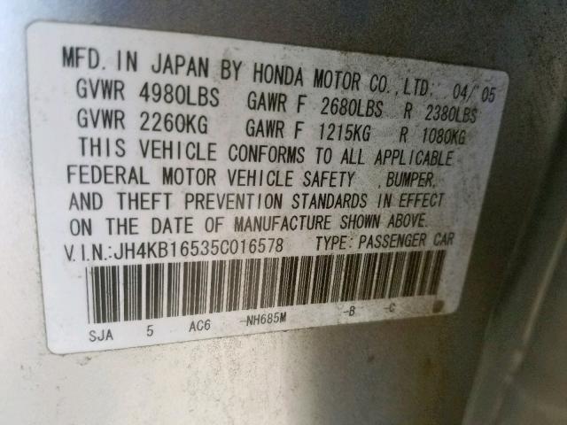 JH4KB16535C016578 - 2005 ACURA RL SILVER photo 10