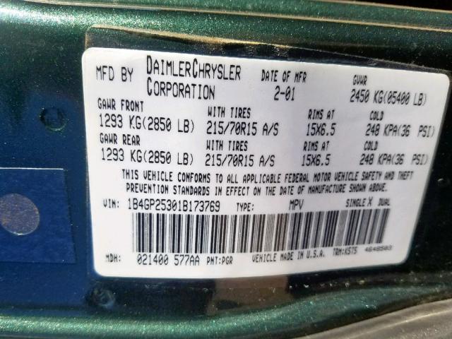 1B4GP25301B173769 - 2001 DODGE CARAVAN SE GREEN photo 10