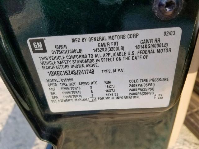 1GKEC16Z43J241748 - 2003 GMC YUKON XL C GREEN photo 10