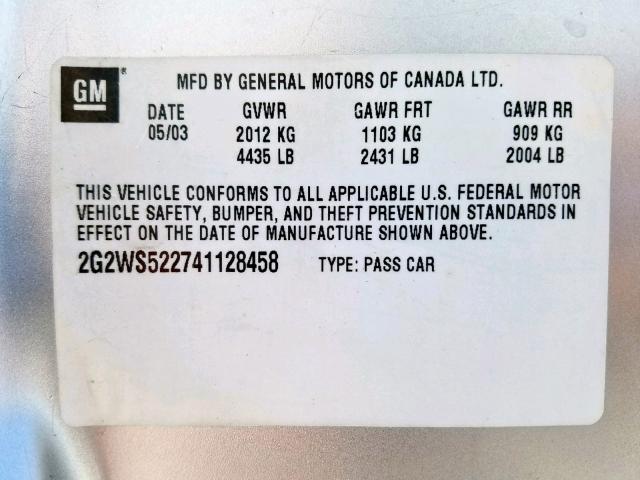 2G2WS522741128458 - 2004 PONTIAC GRAND PRIX SILVER photo 10