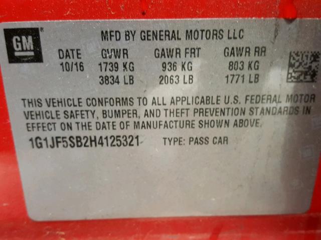 1G1JF5SB2H4125321 - 2017 CHEVROLET SONIC PREM RED photo 10