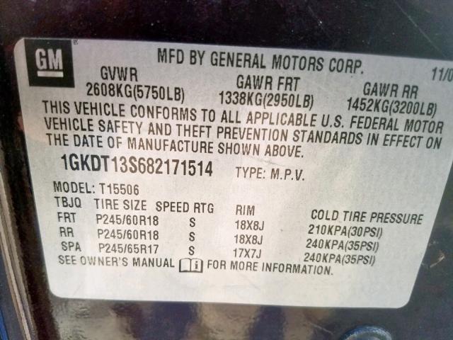 1GKDT13S682171514 - 2008 GMC ENVOY PURPLE photo 10