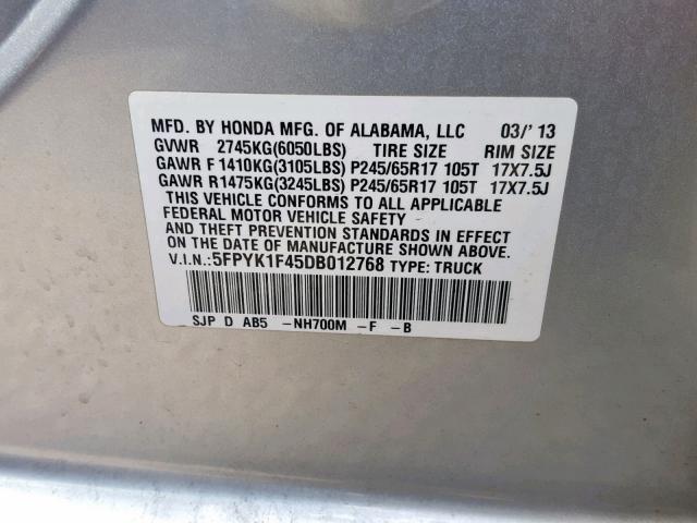 5FPYK1F45DB012768 - 2013 HONDA RIDGELINE SILVER photo 10