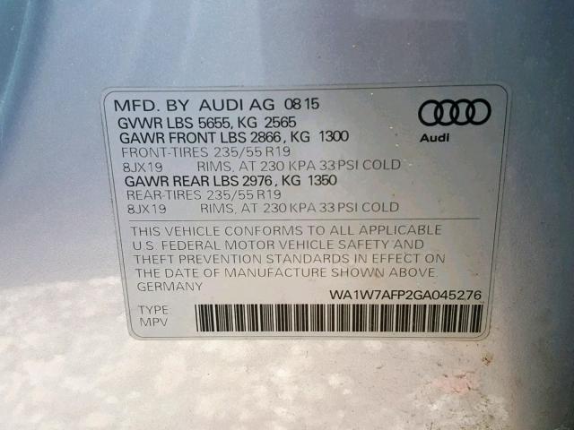 WA1W7AFP2GA045276 - 2016 AUDI Q5 PRESTIG SILVER photo 10