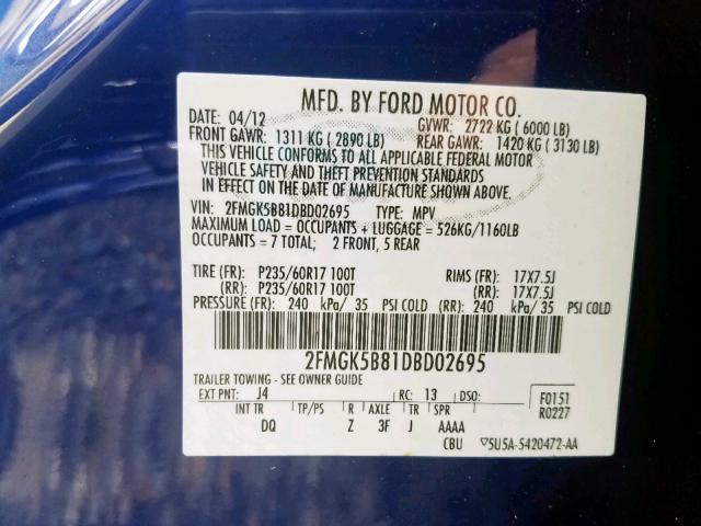 2FMGK5B81DBD02695 - 2013 FORD FLEX SE BLUE photo 10