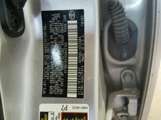 4T1BD1FK7CU045103 - 2012 TOYOTA CAMRY HYBR SILVER photo 10