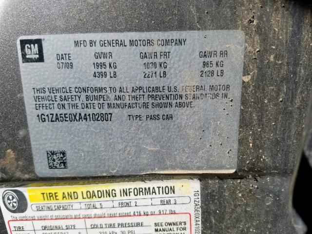 1G1ZA5E0XA4102807 - 2010 CHEVROLET MALIBU LS ყავისფერი ფოტო 10