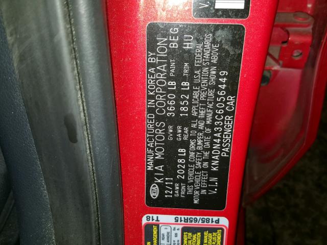 KNADN4A33C6056449 - 2012 KIA RIO EX RED photo 10