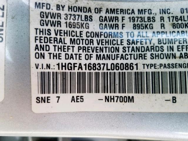 1HGFA16837L060861 - 2007 HONDA CIVIC EX CREAM photo 10