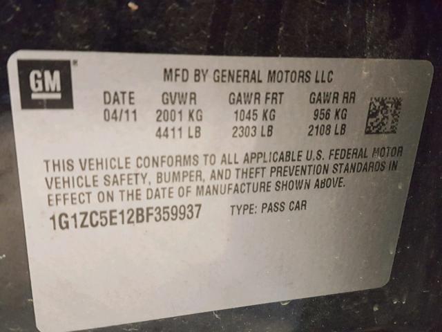 1G1ZC5E12BF359937 - 2011 CHEVROLET MALIBU 1LT BLACK photo 10