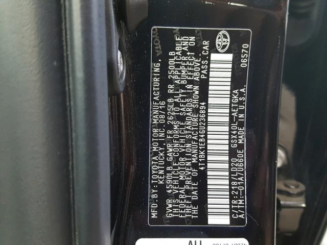 4T1BK1EB4GU236894 - 2016 TOYOTA AVALON XLE BLACK photo 10