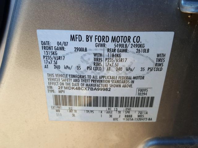 2FMDK48CX7BA99982 - 2007 FORD EDGE SEL SILVER photo 10