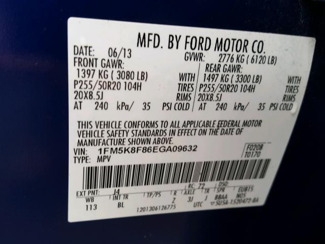 1FM5K8F86EGA09632 - 2014 FORD EXPLORER L BLUE photo 10