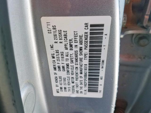 1HGCP3F89BA018518 - 2011 HONDA ACCORD EXL SILVER photo 10