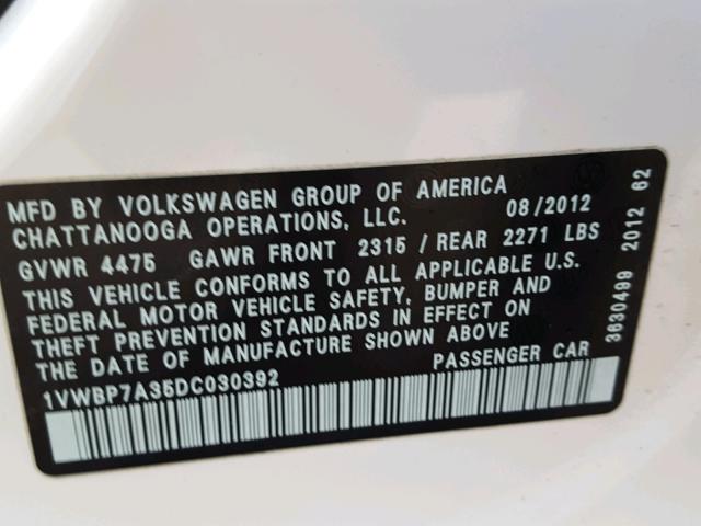 1VWBP7A35DC030392 - 2013 VOLKSWAGEN PASSAT SE WHITE photo 10