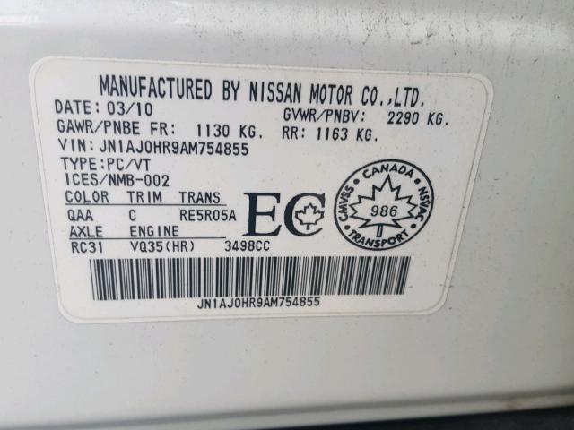 JN1AJ0HR9AM754855 - 2010 INFINITI EX35 BASE GRAY photo 10