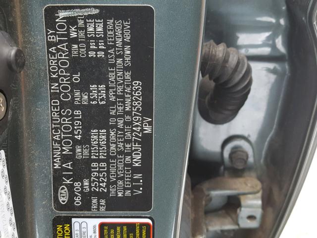 KNDJF724X97582639 - 2009 KIA SPORTAGE L GRAY photo 10