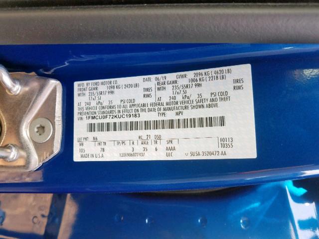 1FMCU0F72KUC19183 - 2019 FORD ESCAPE S BLUE photo 10