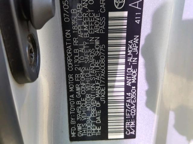 JTKDE177X60080775 - 2006 TOYOTA SCION TC 灰色 照片 10