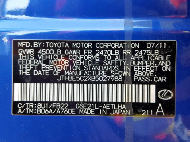 JTHBE5C2XB5027988 - 2011 LEXUS IS 350 BLUE photo 10