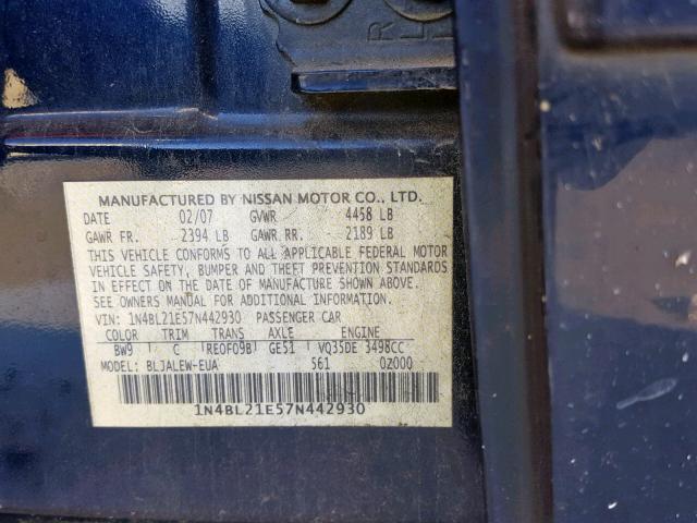 1N4BL21E57N442930 - 2007 NISSAN ALTIMA 3.5 BLUE photo 10