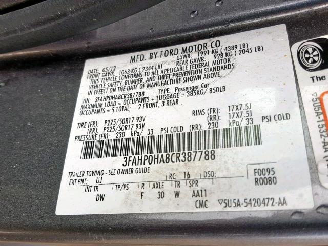 3FAHP0HA8CR387788 - 2012 FORD FUSION SE GRAY photo 10