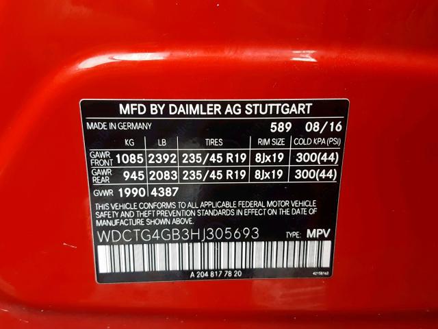 WDCTG4GB3HJ305693 - 2017 MERCEDES-BENZ GLA 250 4M RED photo 10