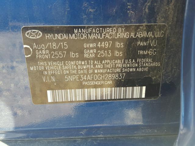 5NPE34AF0GH289837 - 2016 HYUNDAI SONATA SPO BLUE photo 10