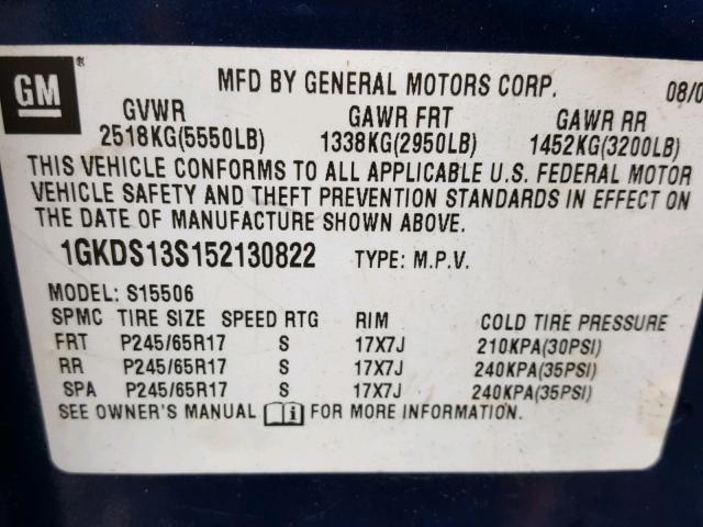 1GKDS13S152130822 - 2005 GMC ENVOY BLUE photo 10