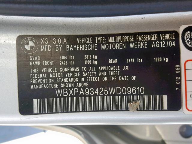 WBXPA93425WD09610 - 2005 BMW X3 3.0I SILVER photo 10