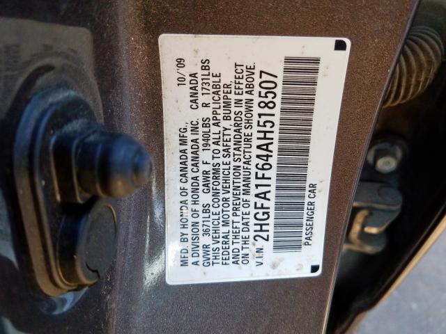 2HGFA1F64AH518507 - 2010 HONDA CIVIC LX-S ნაცრისფერი ფოტო 10