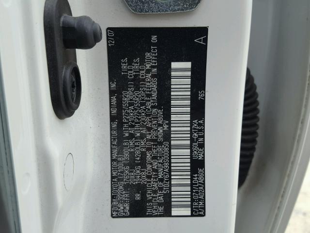 5TDZY67A98S000850 - 2008 TOYOTA SEQUOIA PL WHITE photo 10