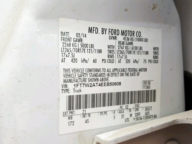 1FT7W2AT4EEB50608 - 2014 FORD F250 SUPER WHITE photo 10