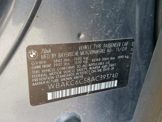 WBAKC6C58AC393740 - 2010 BMW 750 I XDRI GRAY photo 10