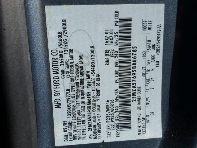 2FMZA57695BA66785 - 2005 FORD FREESTAR S BLUE photo 10