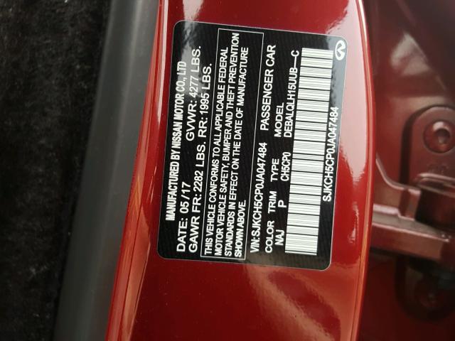 SJKCH5CP0JA047484 - 2018 INFINITI QX30 BASE BURGUNDY photo 10