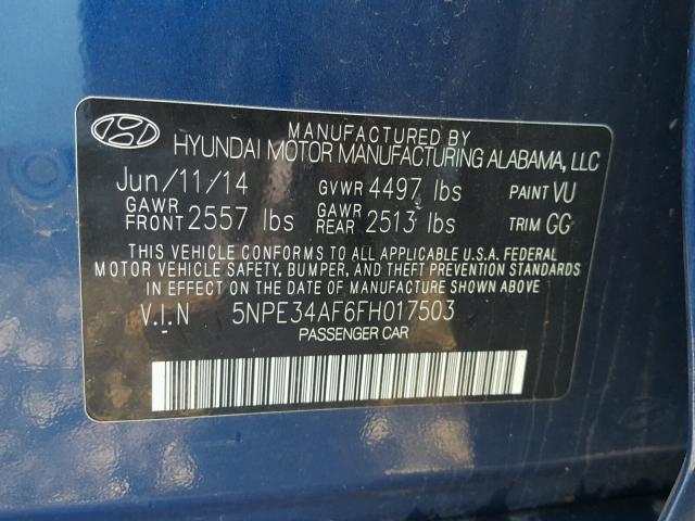 5NPE34AF6FH017503 - 2015 HYUNDAI SONATA SPO BLUE photo 10