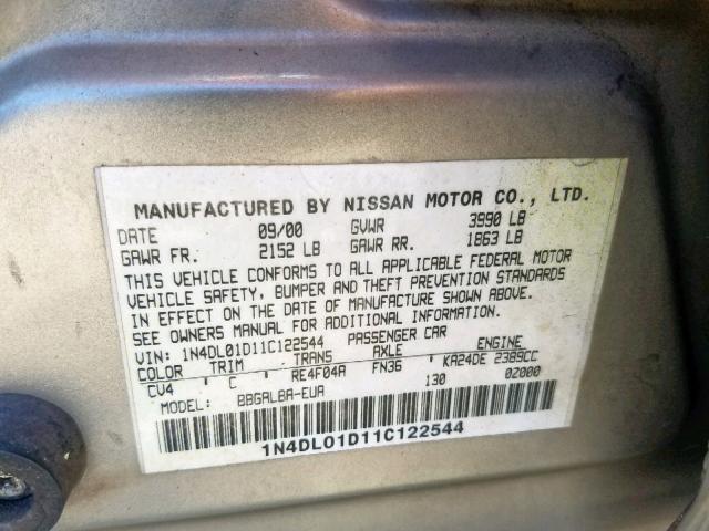 1N4DL01D11C122544 - 2001 NISSAN ALTIMA XE BEIGE photo 10