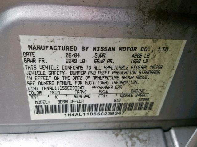 1N4AL11D55C239347 - 2005 NISSAN ALTIMA S SILVER photo 10